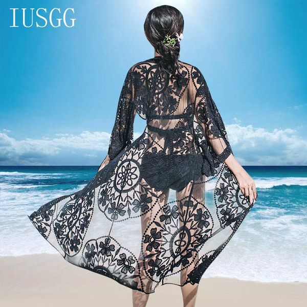 

embroidered cardigan crochet knitted beach cover up dress tunic long pareos bikinis ups swim robe plage beachwear women's swimwear, White;black