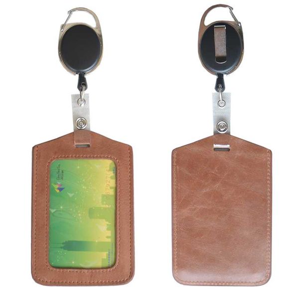 

card holders id badge holder with retractable reel key clip set cowhide office & school supplies name tag anti- lost, Brown;gray
