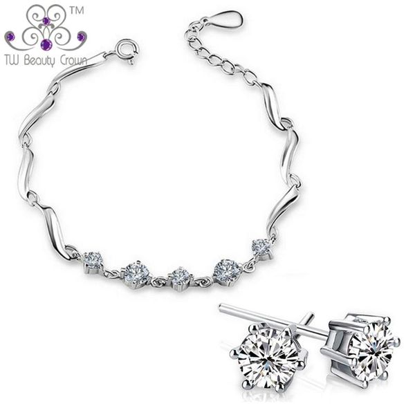 

earrings & necklace real 925 pure silver white austrian crystal cubic zirconia round stud bracelet fashion party jewelry sets