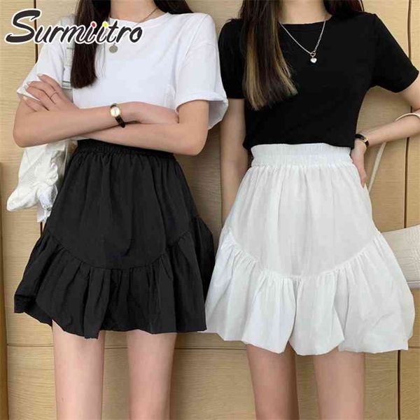 Minigonna estiva da donna in chiffon stile coreano bianco nero estetico a vita alta pieghettato femminile per adolescenti 210421