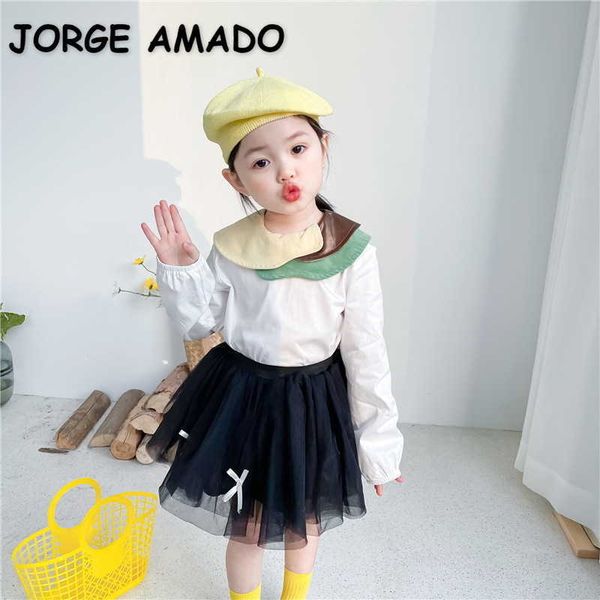 

korean style spring kids girls shirts long sleeves blouses three color collar sweet children clothes e8025 210610, White;black