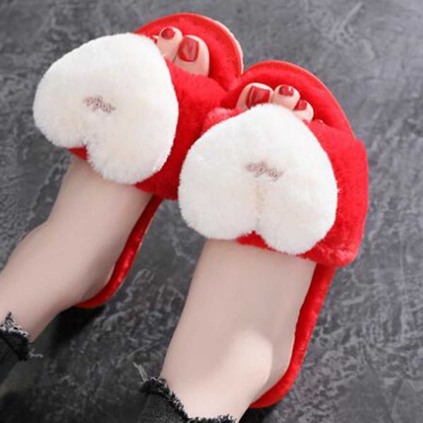 

women fur slippers winter plush warm flat indoor shoes female fashion heart-shaped home casual fluffy xx594 210625, Black