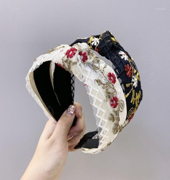 

embroidered flower hairband headwear wide knotted hair hoop women girl's lace bow ribbon headbands accessories headwrap1