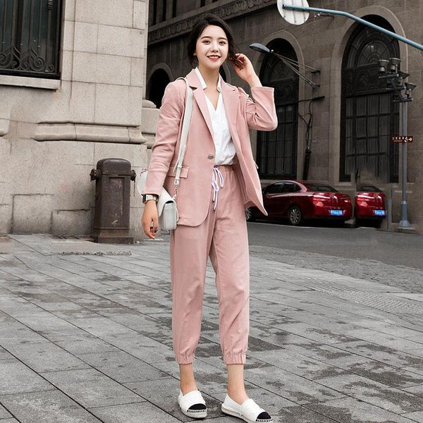 

two piece dress suit woman korean version spring and autumn women casual jacket trousers pants set, White