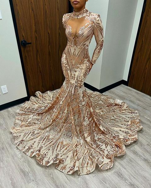 Lantejouna de ouro rosa sereia sexy vestido de noite manga estilo pescoço alto garotas pretas africanas vestidos de baile longos 2022 es