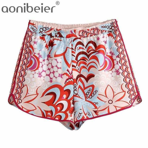 Pantaloncini da donna estivi con stampa ornata Bottoni frontali elastici a vita alta per vacanze al mare Pantaloni larghi casuali 210604