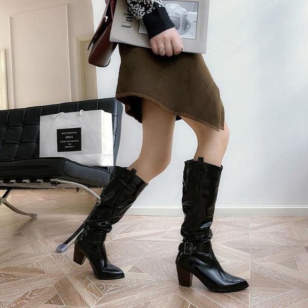 

boots european and american style autumn winter thick heel high fold women's leather fashion heels large size, Black