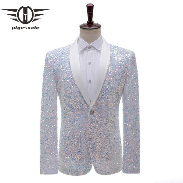 

plyesxale men's fashion shiny colorful silver white green sequin blazer glitter nightclub prom suit jacket mens stage wear q589 suits &, White;black
