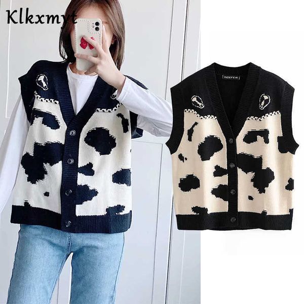 

klkxmyt za women fashion animal print knitted vest sweater vintage v neck sleeveless female waistcoat chic 210527, Black;white