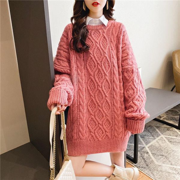 

women's sweaters large size sweater mid-length autumn and winter korean loose hedging twist student lazy style outer wear, White;black