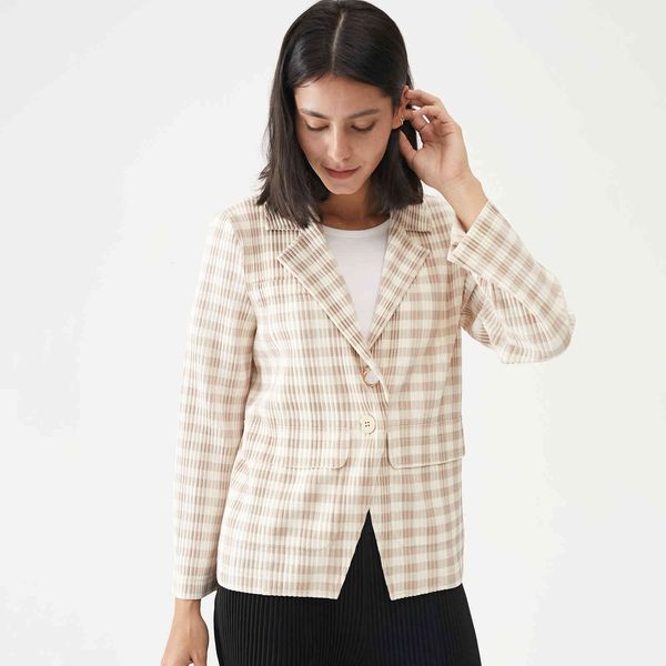

miyake plied chess blazer women spring lady cotton vintage jacket, White;black