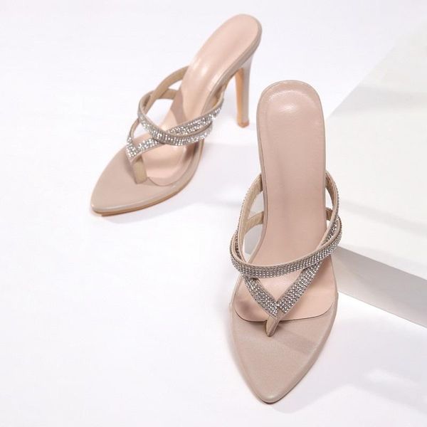 

summer slippers women sandals high heels ladies slides luxury rhinestone female shoes pointed open toe stiletto flip flops, Black