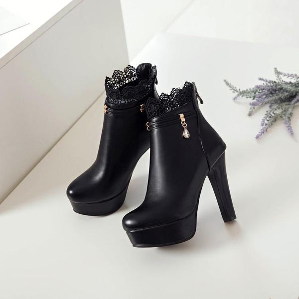 

boots big size 9 10 11-13 women shoes ankle for ladies lace pearl pendant back zipper, Black