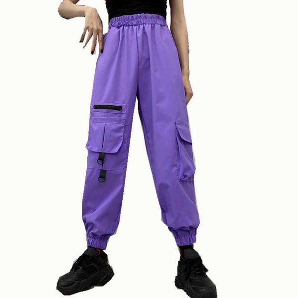 Primavera verão harajuku bf cargo calças streetwear hip hop calças alta cintura solta fita fêmea 210531