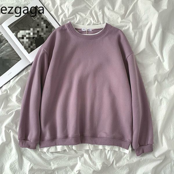 

ezgaga sweatshirt women o-neck long sleeve patchwork all-match fake two ladies pullover loose streetwear autumn new 210430, Black