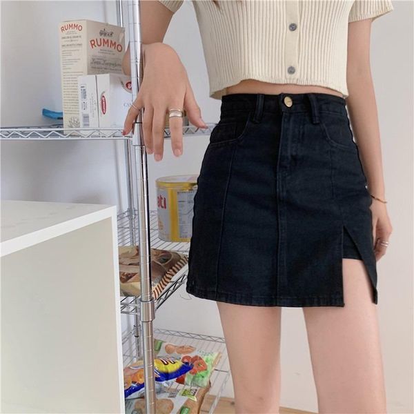 

skirts denim split skirt female summer 2021 design sense high waist thinner bag hip short culottes, Black