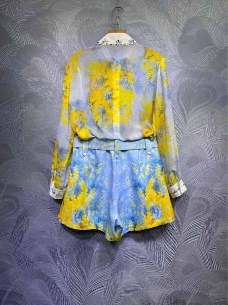 

australia spring lapel bead printed shirt + shorts set, White