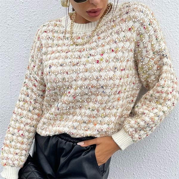 

new autumn and winter 2021 new women's round neck pullover casual loose color matching jacquard knitted sweater, White;black