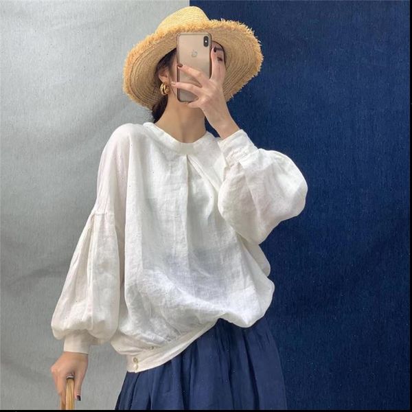 

spring cotton linen loose womens shirts solid color and o neck lantern sleeve button 3 colors, White