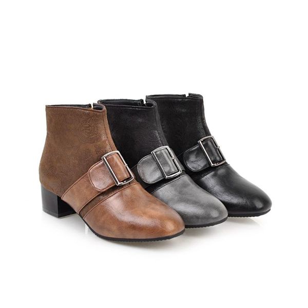 

boots lady low heels short ankle shoes with zippers autumn plus size 45 40 34 round toe patchwork buckle bootie brown black grey