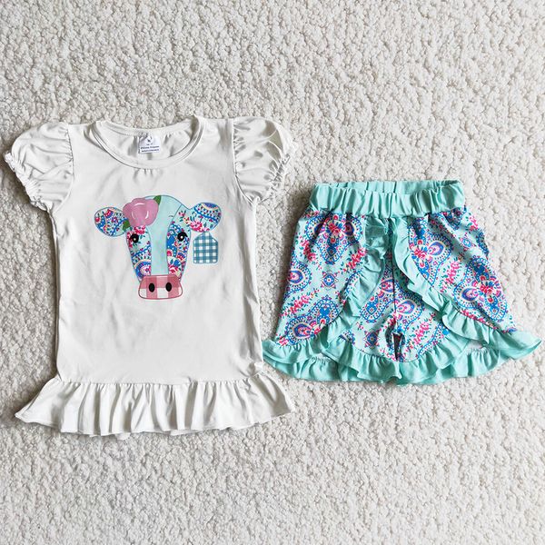 

wholesale kid girls clothes sets fashion design baby girl summer clothing outfits milk silk cow print short sleeve ruffle shorts 2pcs childr, White