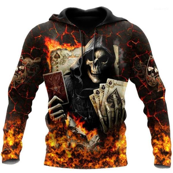 Felpe con cappuccio da uomo Felpe Poker Skulls On The Red Fire Felpa con cappuccio stampata 3D Felpa da uomo Unisex Streetwear Zip Pullover Giacca casual Track