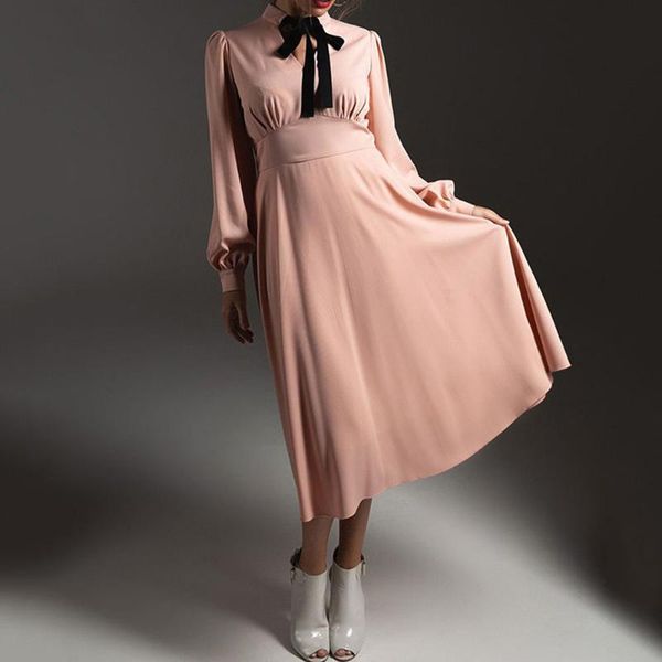 

casual dresses western style 2021 autumn women dress solid color fashion temperament high waist bow tie long sleeve midi, Black;gray