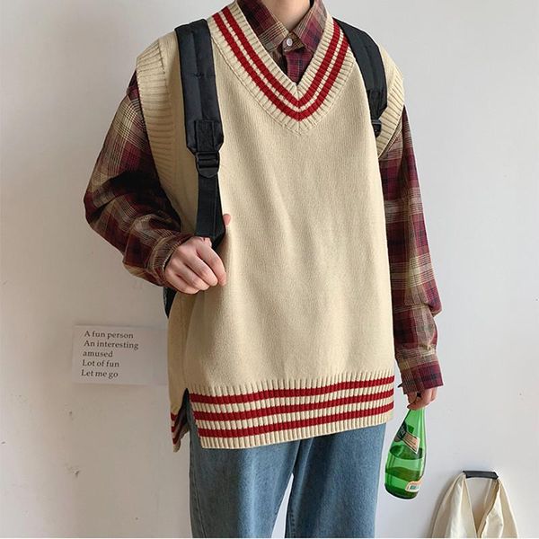 Gilet da uomo Maglione a righe senza maniche con scollo a V Coprispalle lavorato a maglia Stile Preppy Chic Tempo libero Abbigliamento maschile ampio Harajuku