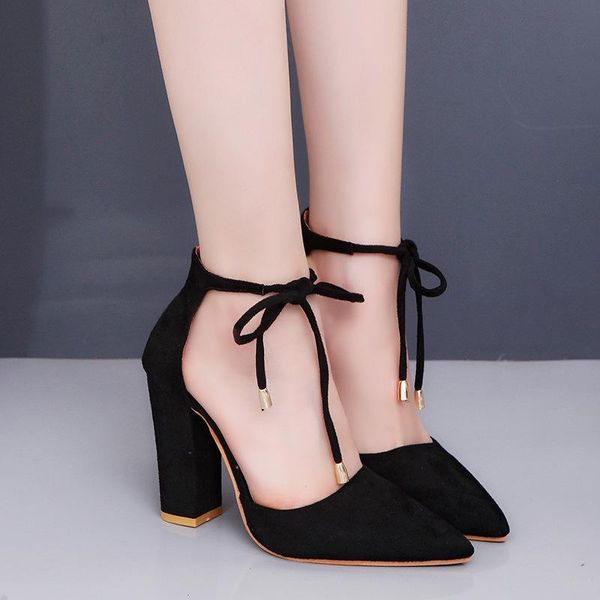 

dress shoes black suede pointed toe cross ankle strap high heels hollow lace-up sandals women pumps party
