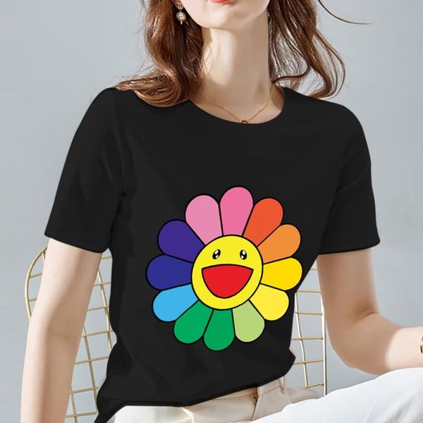 

women's t-shirt women tshirt daisies pattern print series female soft o-neck black basis all-match lady short sleeve tee clothes, White