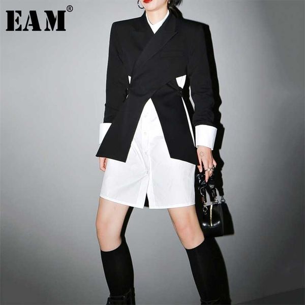 

[eam] women black cross split joint blazer lapel long sleeve loose fit jacket fashion spring autumn 1t447 211019, White;black