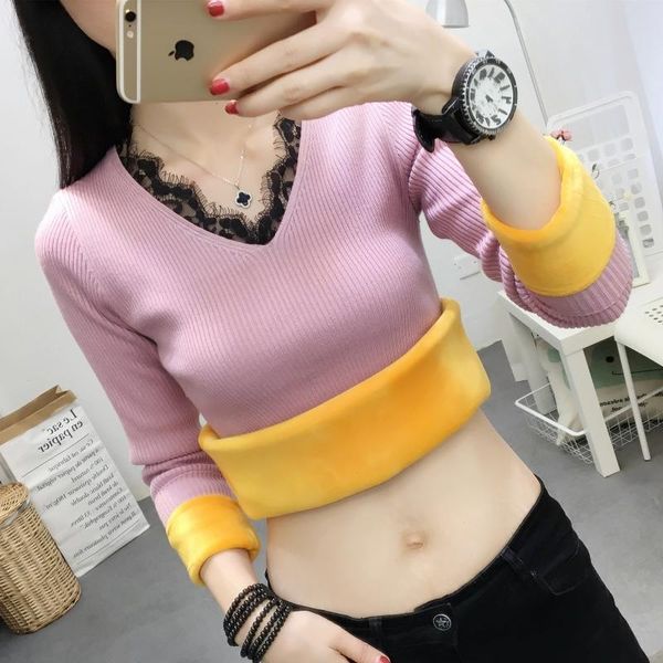 

women's sweaters lukaxsikax 2021 autumn winter women thicken warm fleece base sweater fashion lace v-neck knitted pullover, White;black