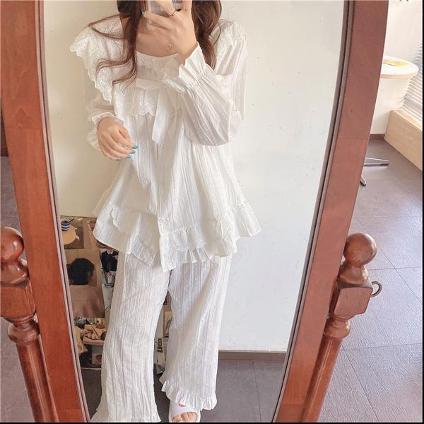 

white lace cotton lolita princess womens sleepwears pajamas set home suit ruffles bow bit dot loose shirt pants 2pcs y167, Black;red
