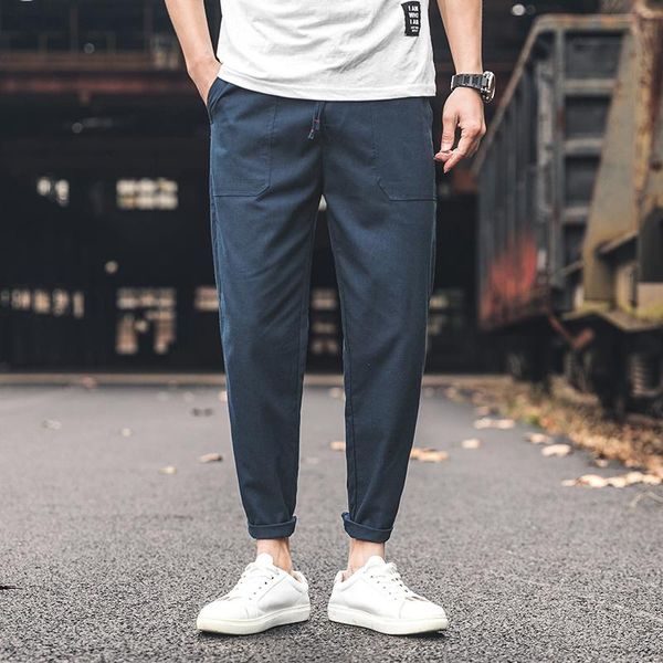 

summer breathable linen cotton casual pants men joggers ankle-length streetwear harem trousers male 5xl men's, Black