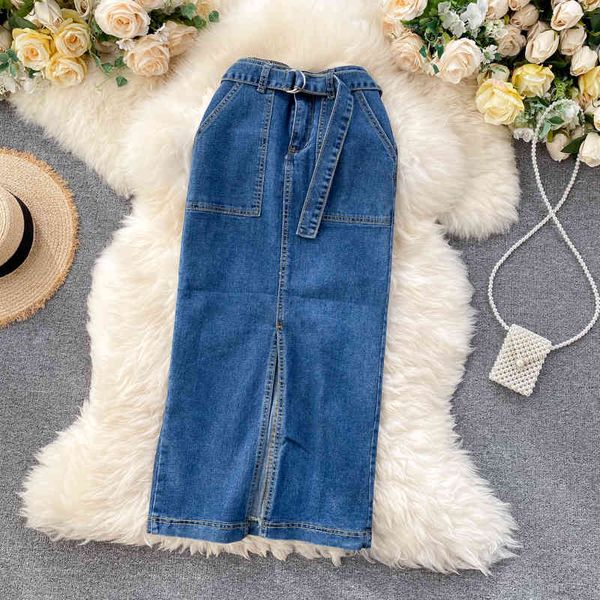 

skirts ins saia jeans longa de fenda mÃ©dia, feminina casual chique com cinto e bolsos grandes 3ysw, Black