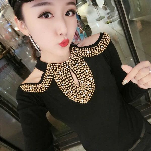 

autumn long sleeve v neck leopard beading jersey blouse european style bead work solid shirts satin shirt 210601, White