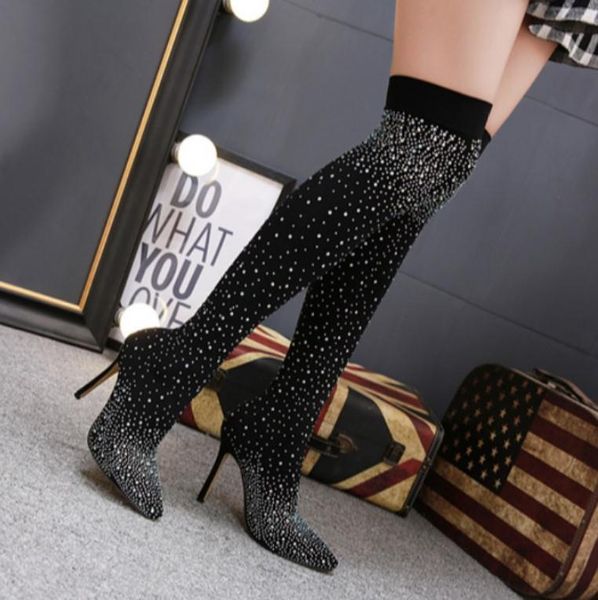 

boots european and american fashion stockings with high heels drilled over the knee boot, Black