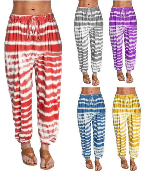 

women's tie-dye fitness loose pants yellow gray blue wine red color purple full length mid waist trouser & capris, Black;white
