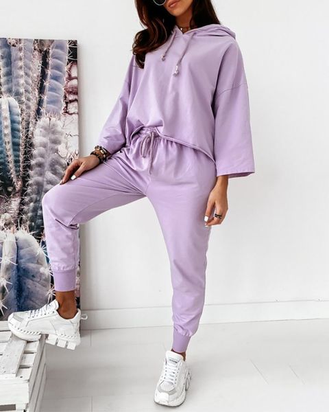 

women's two piece pants 2021 autumn women clothing purple fashion sweatshirts sets casual long sleeve hoodies + elastic waist set, White