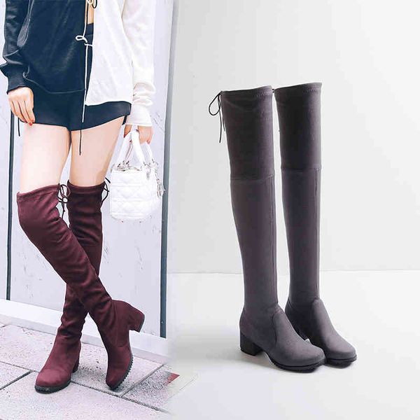 

boots quality faux suede women thick with stretch fashion over the knee autumn female shoes black plus size 43 l98i