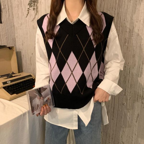 

women's vests vintage v neck sleeveless pullover knitted woman sweaters sweater vest autumn 2021 korean style, Black;white