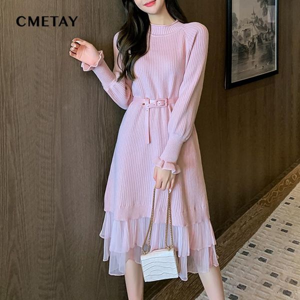 

casual dresses knitted long sleeved dress 2021 autumn winter women gauze stitching sweater office elegant ladies slim waist vestidos, Black;gray