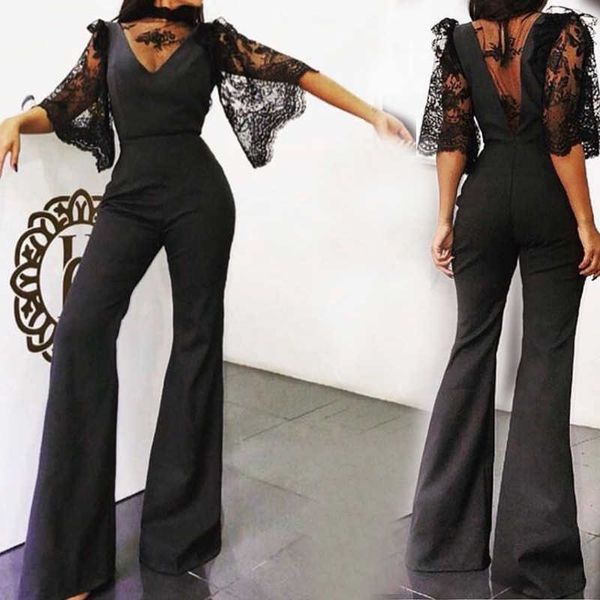 

luxury evening dress women's v-neck lace mid sleeve jumpsuit, Black;gray