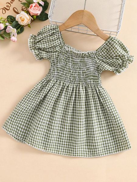 

baby gingham shirred frill trim dress she, Red;yellow