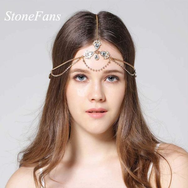 

hair clips & barrettes stonefans waterdrop white stone crystal head chain forehead bridal headwear accessories rhinestone headband jewelry, Golden;silver