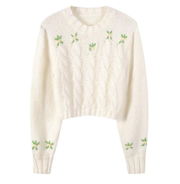 

women's sweaters autumn winter 2021 coarse yarm leisure pullover pastoral style female sweater little flower embroidery short, White;black