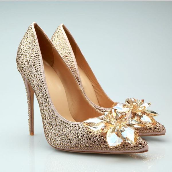

dress shoes rhinestone pumps women gold high heels woman bling floral sapato feminino wedding ladies fashinon zapatos de mujer, Black