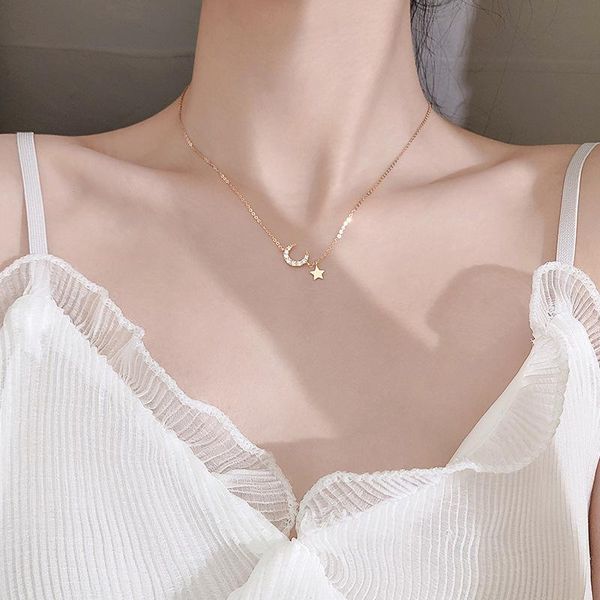 

real silver 925 sterling korean simple fashion star moon shine crystal pendant necklace for women wedding chains