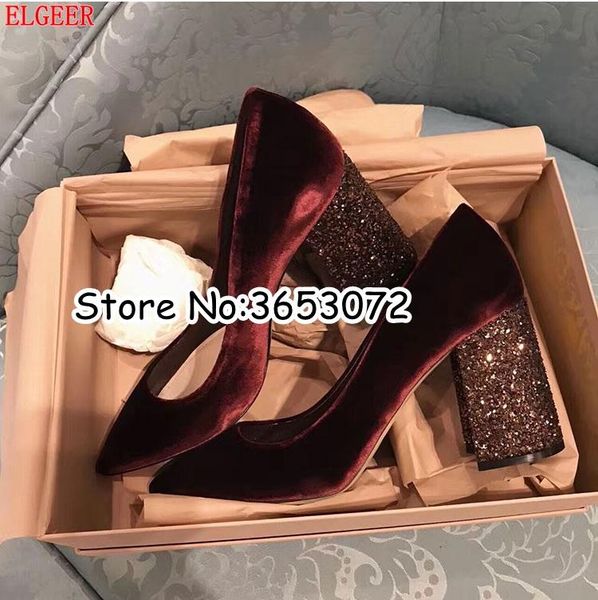 

wine red black velvet slip-on lady round toe high heels bling sequins woman chunky pumps zapatillas mujer wedding shoes dress