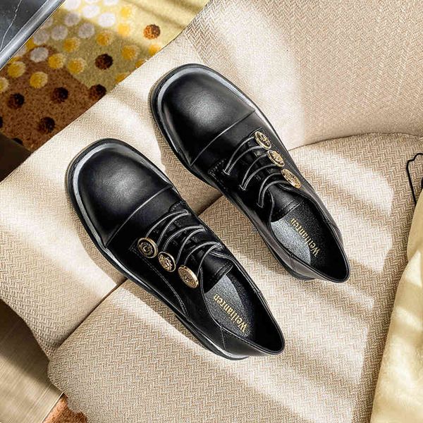 

dress shoes metal buckle fashion women's lace up casual autumn for designer oxfords loafers genuine leather ladies dbpe, Black